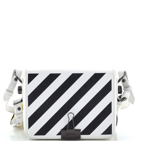 Off White Binder Clip Flap Bag Striped Leather Small Black, White - Picture 1 of 9